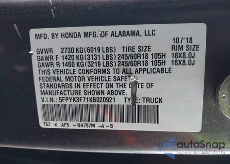 2019 Honda Ridgeline Rtl-E из США, поврежденный, VIN 5FPYK3F71KB020921